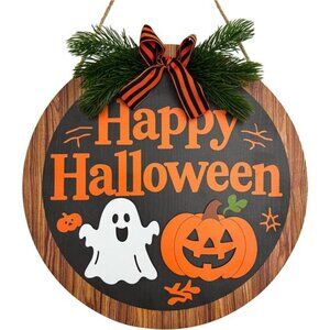 Happy Halloween Sign for Front Door,Round Wood Hanging Wreaths Sign
